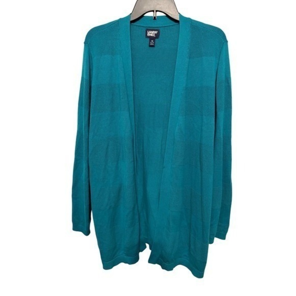 Lands End Teal Blue Cardigan Sweater Knit Stripe Open Front Women 1X 60/40